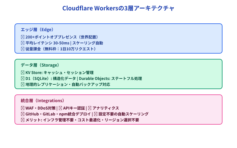 Cloudflare Workersの3層アーキテクチャ図。エッジ層の世界配置・データ層のKV/D1・統合層のWAF/認証を積層表示し、インフラ管理不要なメリットを強調。