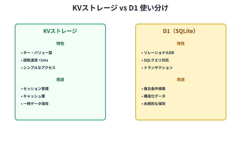 KVストレージとD1データベースの比較表。高速キャッシュはKV、複合検索と永続化はD1という使い分けを視覚化
