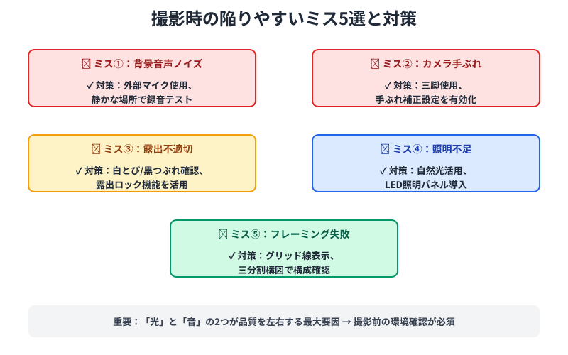 撮影時の5つのミスと対策を整理。ノイズ、手ぶれ、露出、照明、フレーミングの失敗パターンと解決策を図示