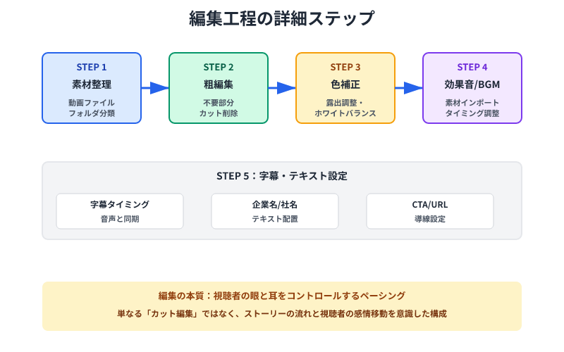 編集工程の5ステップをフロー図で表示。素材整理から色補正、効果音、字幕設定までの順序と各ステップの詳細説明